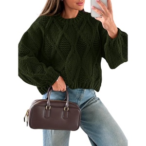 image:imageANRABESS Womens Cable Knit Chunky Cropped Sweaters Long Sleeve Fall OutfitsGreen