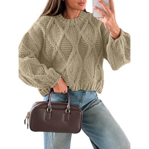 image:imageANRABESS Womens Cable Knit Chunky Cropped Sweaters Long Sleeve Fall OutfitsKhaki