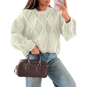 image:imageANRABESS Womens Cable Knit Chunky Cropped Sweaters Long Sleeve Fall OutfitsOffwhite