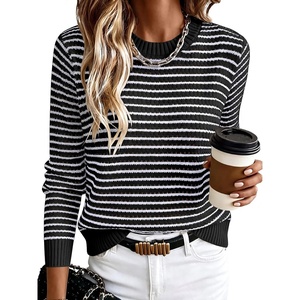 image:imageANRABESS Womens Fall Long Sleeve Striped Crochet Sweaters TopBlack White