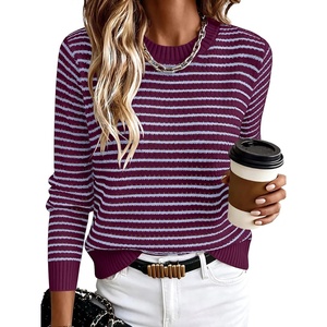 image:imageANRABESS Womens Fall Long Sleeve Striped Crochet Sweaters TopDark Magnta Blue