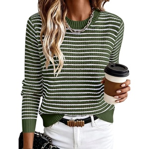 image:imageANRABESS Womens Fall Long Sleeve Striped Crochet Sweaters TopGreen White