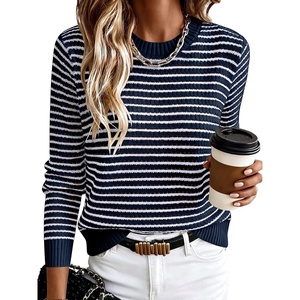 image:imageANRABESS Womens Fall Long Sleeve Striped Crochet Sweaters TopNavy Blue White