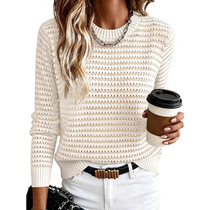 image:imageANRABESS Womens Fall Long Sleeve Striped Crochet Sweaters TopWhite Apricot