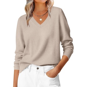 image:imageANRABESS Womens Fall Long Sleeve V Neck Lightweight Sweaters TopAlmond