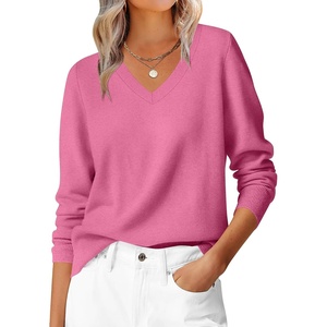 image:imageANRABESS Womens Fall Long Sleeve V Neck Lightweight Sweaters TopHot Pink