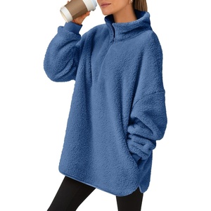 image:imageANRABESS Womens Fuzzy Sherpa Pullover Fleece Quarter Zip SweatshirtDeep Blue