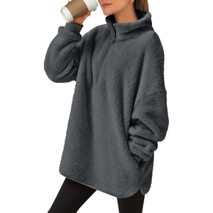 image:imageANRABESS Womens Fuzzy Sherpa Pullover Fleece Quarter Zip SweatshirtDeep Grey