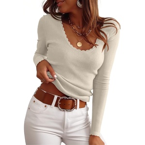 image:imageANRABESS Womens Long Sleeve Scalloped Scoop Neck Ribbed Fall SweaterBeige