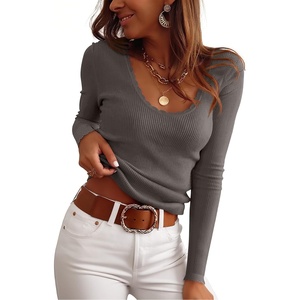 image:imageANRABESS Womens Long Sleeve Scalloped Scoop Neck Ribbed Fall SweaterGrey Khaki