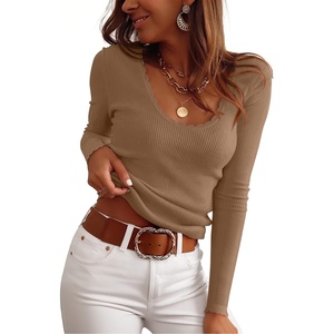 image:imageANRABESS Womens Long Sleeve Scalloped Scoop Neck Ribbed Fall SweaterLight Camel