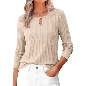 image:imageANRABESS Womens Long Sleeve Shirts Ribbed Knit Fall TopsBeige