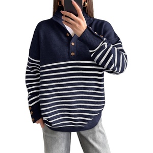 image:imageANRABESS Womens Long Sleeve Striped Turtle Neck Lightweight Fall SweaterNavy Blue White Stripe