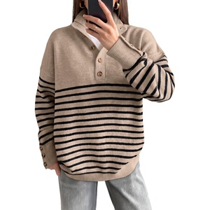 image:imageANRABESS Womens Long Sleeve Striped Turtle Neck Lightweight Fall SweaterTan Black Stripe