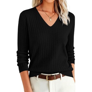 image:imageANRABESS Womens Long Sleeve V Neck Ribbed Sweaters ShirtsBlack