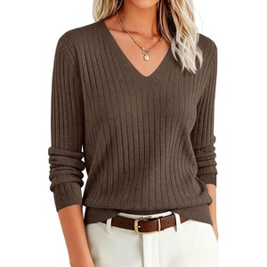 image:imageANRABESS Womens Long Sleeve V Neck Ribbed Sweaters ShirtsBrown