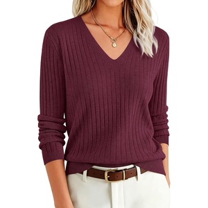 image:imageANRABESS Womens Long Sleeve V Neck Ribbed Sweaters ShirtsDrak Red