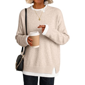 image:imageANRABESS Womens Oversized Sweater Fall Crewneck Patchwork Teacher OutfitsAlmond