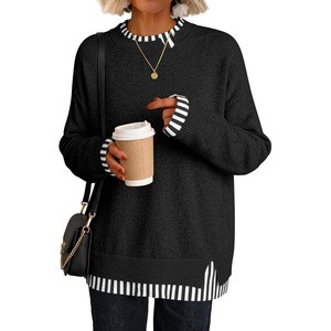 image:imageANRABESS Womens Oversized Sweater Fall Crewneck Patchwork Teacher OutfitsStriped Black