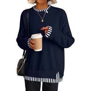 image:imageANRABESS Womens Oversized Sweater Fall Crewneck Patchwork Teacher OutfitsStriped Navy