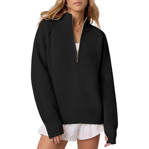 image:imageANRABESS Womens Quarter Zip Pullover Sweaters Fall Waffle Knit Top 2026Black