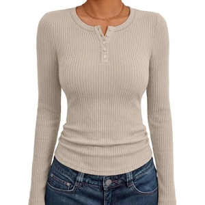 image:imageANRABESS Womens Ribbed Henley Top Long Sleeve ShirtsParchment