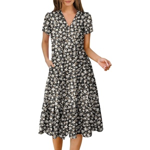 image:imageANRABESS Womens Summer Casual Dresses Short Sleeve Boho Midi DressBlack White Floral