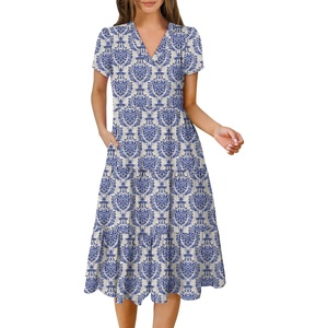 image:imageANRABESS Womens Summer Casual Dresses Short Sleeve Boho Midi DressBlue Khaki Floral
