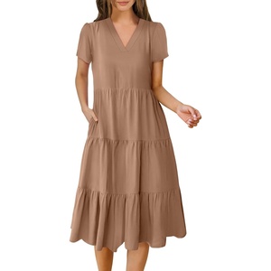 image:imageANRABESS Womens Summer Casual Dresses Short Sleeve Boho Midi DressBrown Beige