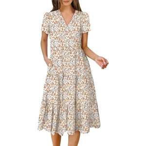 image:imageANRABESS Womens Summer Casual Dresses Short Sleeve Boho Midi DressColorful Pink Floral