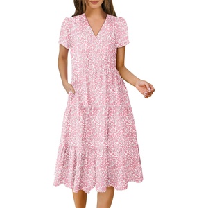 image:imageANRABESS Womens Summer Casual Dresses Short Sleeve Boho Midi DressFloral Pink