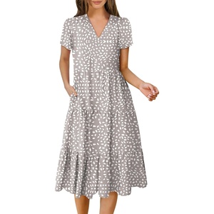 image:imageANRABESS Womens Summer Casual Dresses Short Sleeve Boho Midi DressGray With White Spots Polka Dot