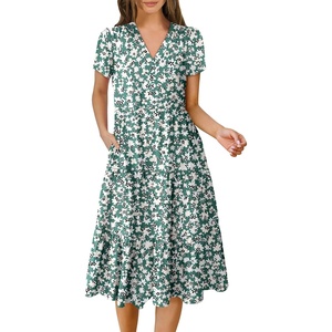 image:imageANRABESS Womens Summer Casual Dresses Short Sleeve Boho Midi DressGreen Beige Floral