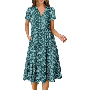 image:imageANRABESS Womens Summer Casual Dresses Short Sleeve Boho Midi DressGreen Blue Floral