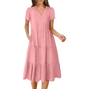image:imageANRABESS Womens Summer Casual Dresses Short Sleeve Boho Midi DressPeach