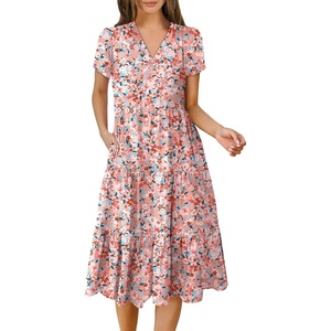 image:imageANRABESS Womens Summer Casual Dresses Short Sleeve Boho Midi DressPeach Floral