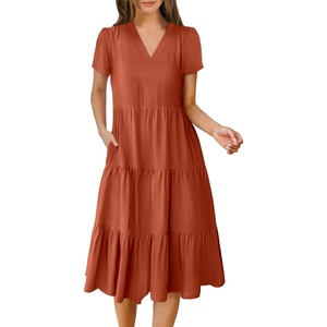 image:imageANRABESS Womens Summer Casual Dresses Short Sleeve Boho Midi DressRust Red