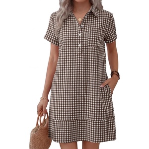image:imageANRABESS Womens Summer Casual Short Sleeve Shirt DressesBrown White Plaid