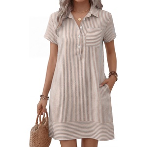 image:imageANRABESS Womens Summer Casual Short Sleeve Shirt DressesLight Brown White Stripe