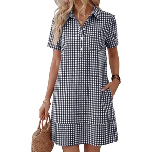 image:imageANRABESS Womens Summer Casual Short Sleeve Shirt DressesNavy Blue White Plaid