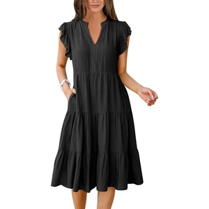 image:imageANRABESS Womens Summer Dress Ruffle Sleeve V Neck Midi DressesBlack
