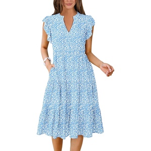 image:imageANRABESS Womens Summer Dress Ruffle Sleeve V Neck Midi DressesBlue Floral