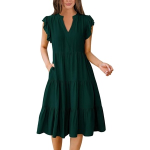 image:imageANRABESS Womens Summer Dress Ruffle Sleeve V Neck Midi DressesDeep Green