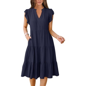 image:imageANRABESS Womens Summer Dress Ruffle Sleeve V Neck Midi DressesDeep Navy Blue