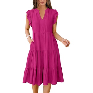 image:imageANRABESS Womens Summer Dress Ruffle Sleeve V Neck Midi DressesHot Pink