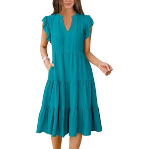 image:imageANRABESS Womens Summer Dress Ruffle Sleeve V Neck Midi DressesLake Green