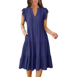 image:imageANRABESS Womens Summer Dress Ruffle Sleeve V Neck Midi DressesNavy Blue