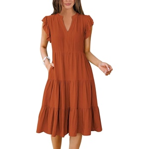 image:imageANRABESS Womens Summer Dress Ruffle Sleeve V Neck Midi DressesOrange Rust