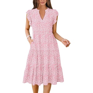 image:imageANRABESS Womens Summer Dress Ruffle Sleeve V Neck Midi DressesPink Floral