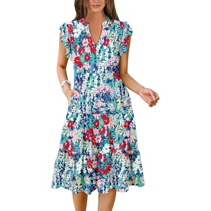 image:imageANRABESS Womens Summer Dress Ruffle Sleeve V Neck Midi DressesPink Yellow Navy Floral